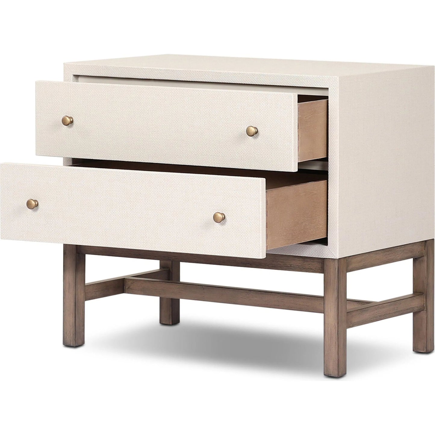 008 SI-2519173 | Closeup | Fiona Nightstand by Four Hands in ivory painted raffia, russet mahogany, light antique brass. Made from sugar palm, solid mahogany, steel in a transitional style.