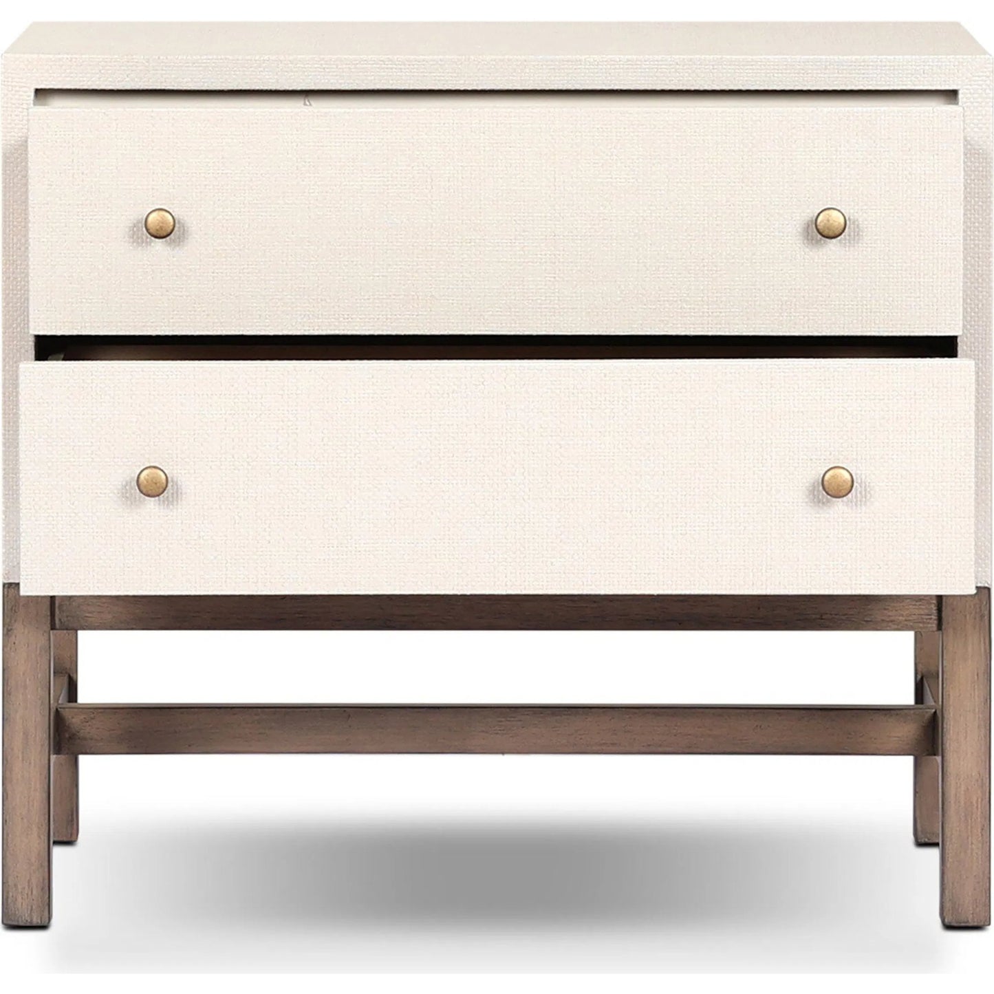 013 SI-2519173 | Closeup | Fiona Nightstand by Four Hands in ivory painted raffia, russet mahogany, light antique brass. Made from sugar palm, solid mahogany, steel in a transitional style.