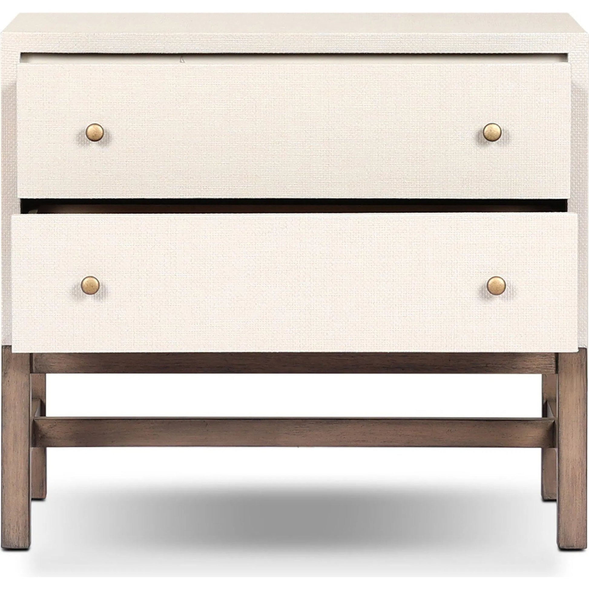 Fiona Nightstand by Four Hands in ivory painted raffia, russet mahogany, light antique brass. Made from sugar palm, solid mahogany, steel in a transitional style.