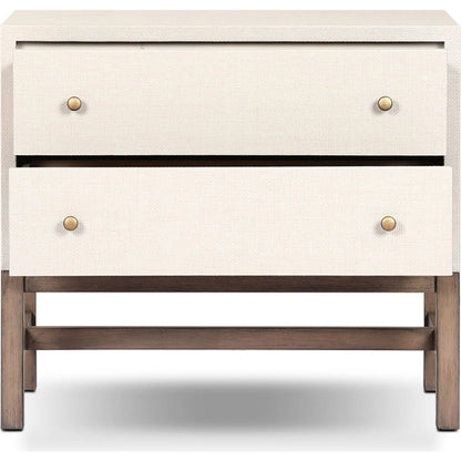 Fiona Nightstand by Four Hands in ivory painted raffia, russet mahogany, light antique brass. Made from sugar palm, solid mahogany, steel in a transitional style.