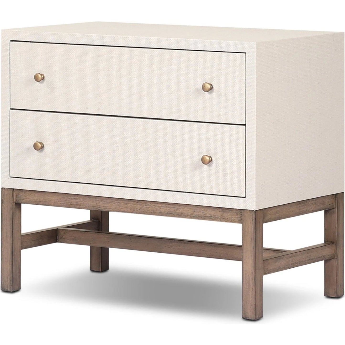 001 SI-2519173 | Primary Silo | Fiona Nightstand by Four Hands in ivory painted raffia, russet mahogany, light antique brass. Made from sugar palm, solid mahogany, steel in a transitional style.