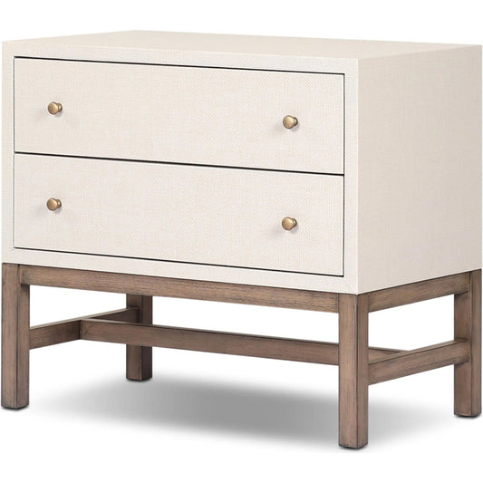 Fiona Nightstand by Four Hands in ivory painted raffia, russet mahogany, light antique brass. Made from sugar palm, solid mahogany, steel in a transitional style.