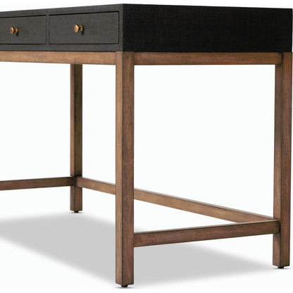 Fiona Desk by Four Hands in black raffia. Made from sugar palm, solid mahogany, iron in a modern style.
