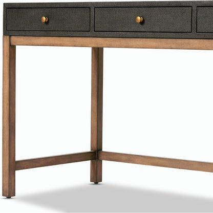 Fiona Desk by Four Hands in black raffia. Made from sugar palm, solid mahogany, iron in a modern style.