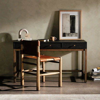 Fiona Desk by Four Hands in black raffia. Made from sugar palm, solid mahogany, iron in a modern style.