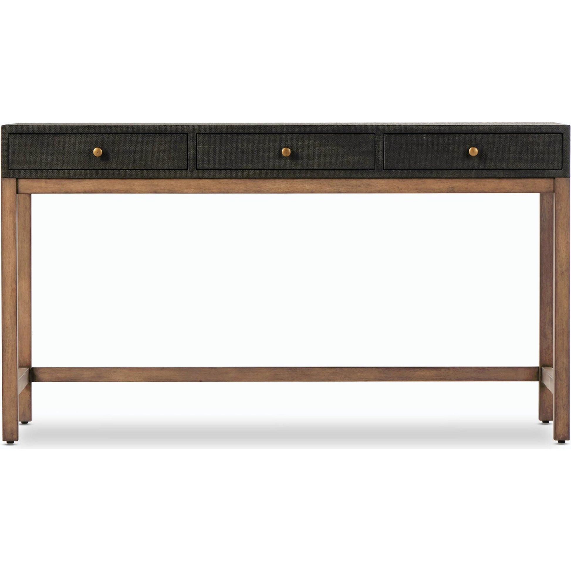 Fiona Desk by Four Hands in black raffia. Made from sugar palm, solid mahogany, iron in a modern style.