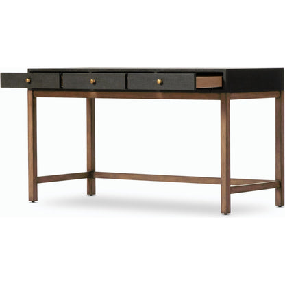 Fiona Desk by Four Hands in black raffia. Made from sugar palm, solid mahogany, iron in a modern style.