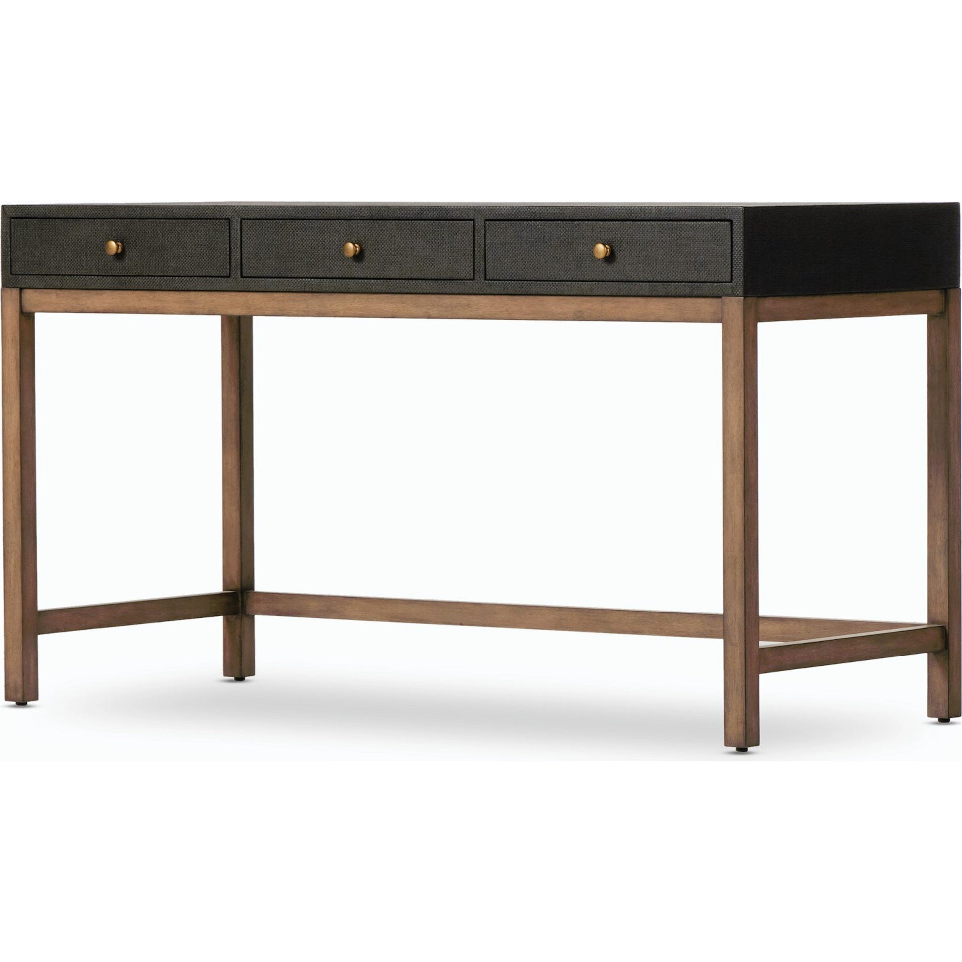 Fiona Desk by Four Hands in black raffia. Made from sugar palm, solid mahogany, iron in a modern style.