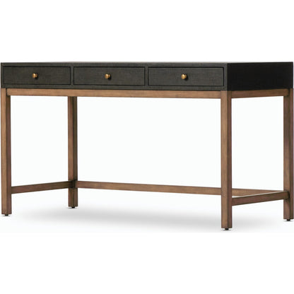Fiona Desk by Four Hands in black raffia. Made from sugar palm, solid mahogany, iron in a modern style.