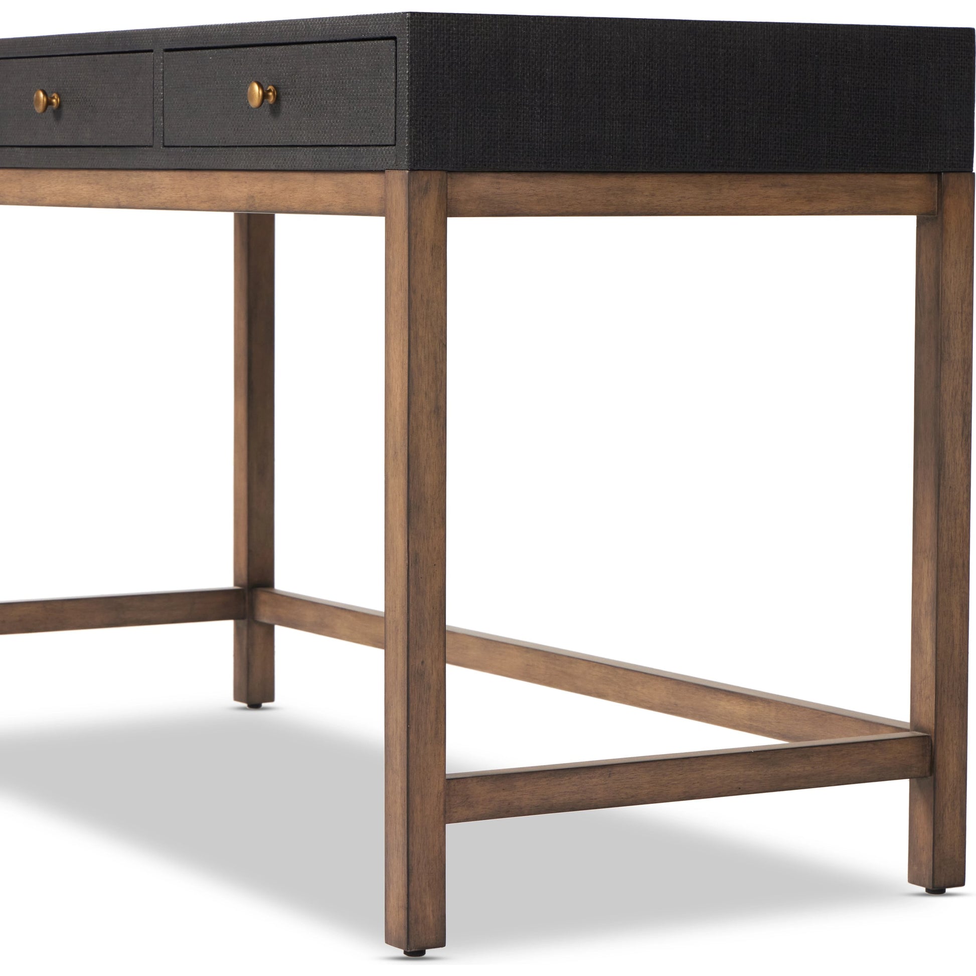 Fiona Desk by Four Hands in black raffia. Made from sugar palm, solid mahogany, iron in a modern style.