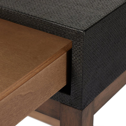 Fiona Desk by Four Hands in black raffia. Made from sugar palm, solid mahogany, iron in a modern style.