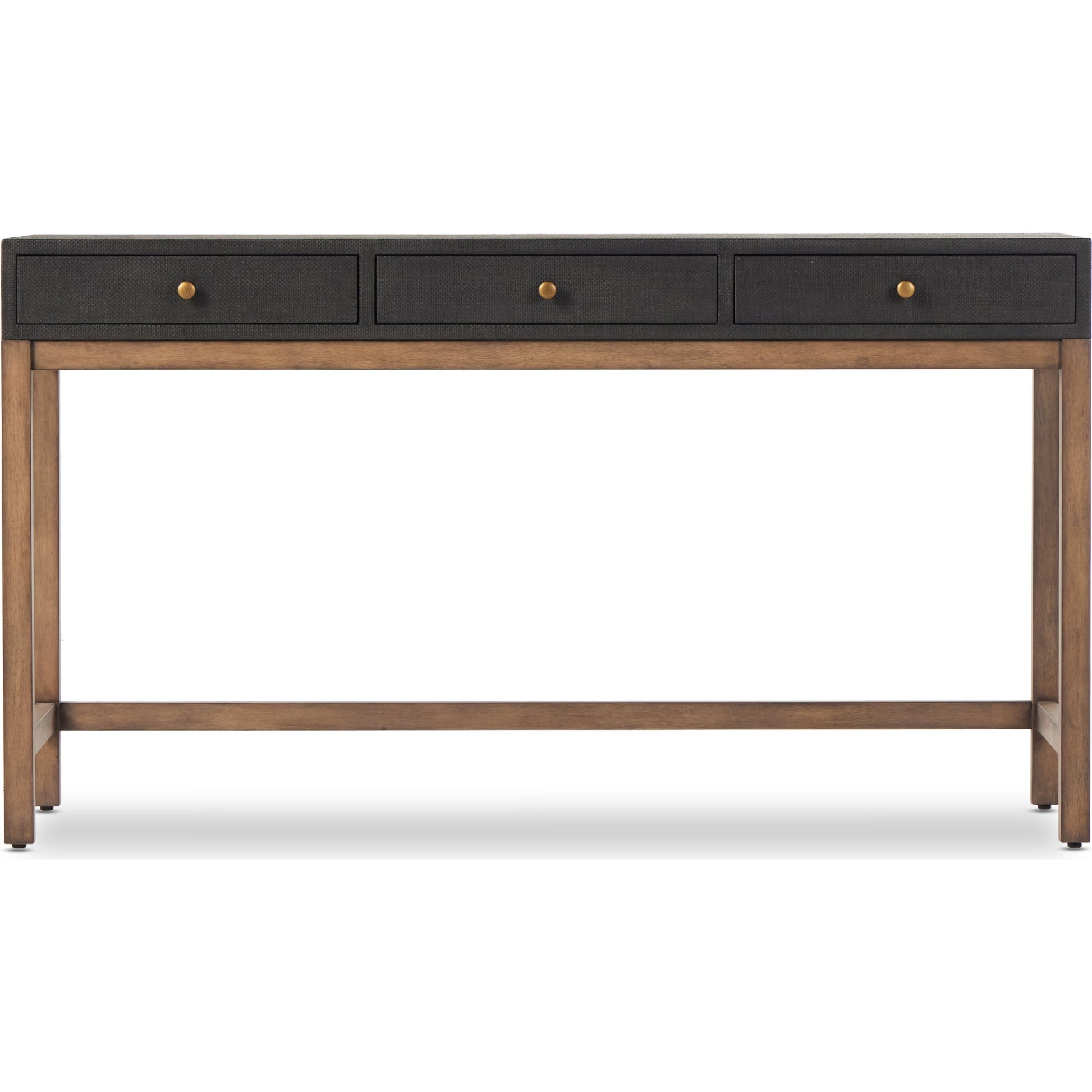 Fiona Desk by Four Hands in black raffia. Made from sugar palm, solid mahogany, iron in a modern style.
