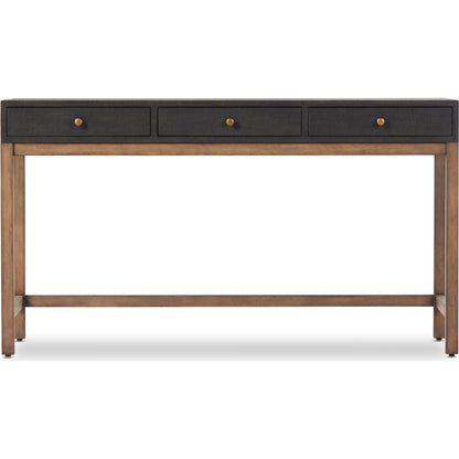 Fiona Desk by Four Hands in black raffia. Made from sugar palm, solid mahogany, iron in a modern style.