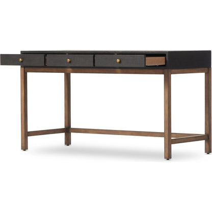 Fiona Desk by Four Hands in black raffia. Made from sugar palm, solid mahogany, iron in a modern style.