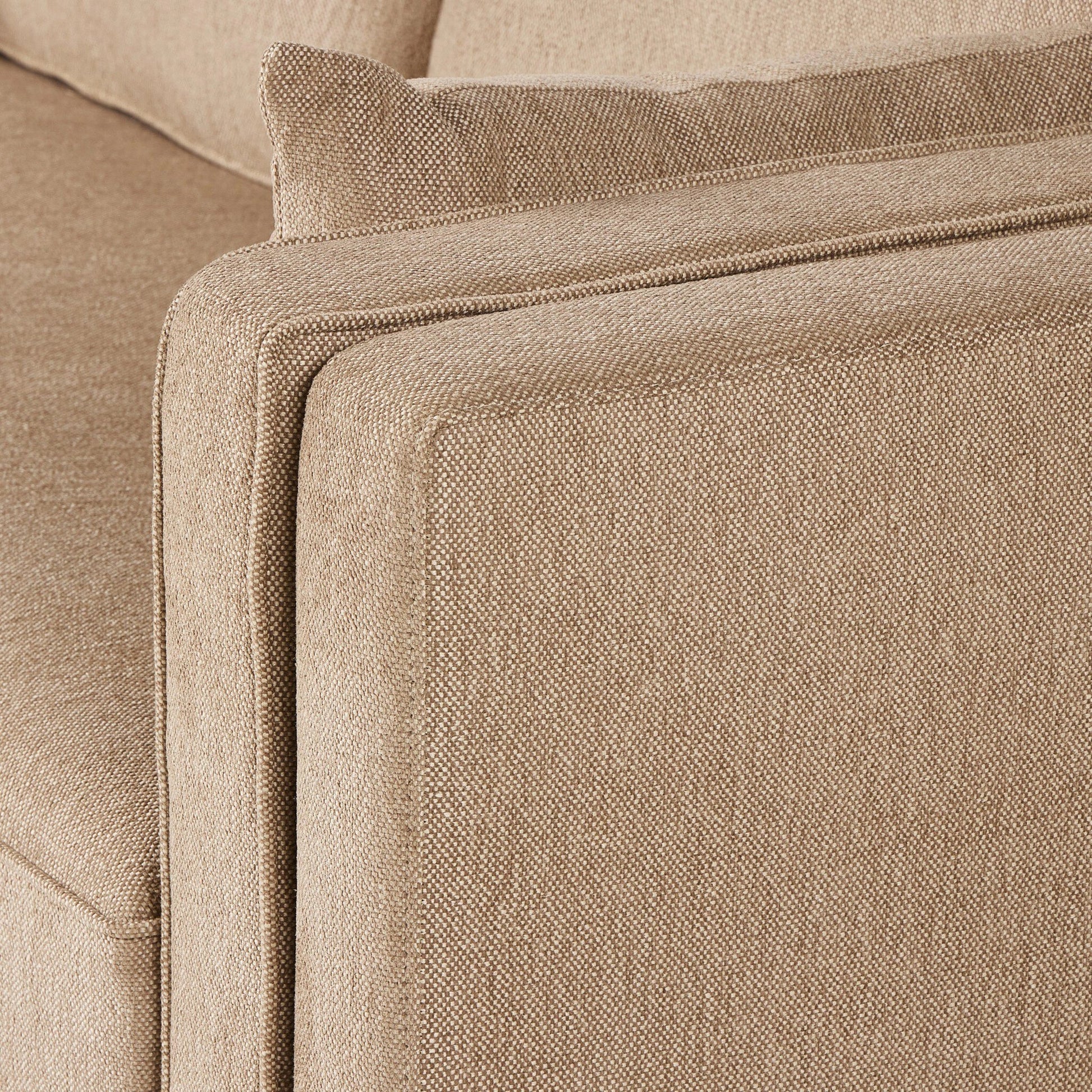 Lawrence Sofa by Four Hands in nova taupe, dark auburn. Made from 100% polyester, solid rosa morada, pine plywood in a transitional style.