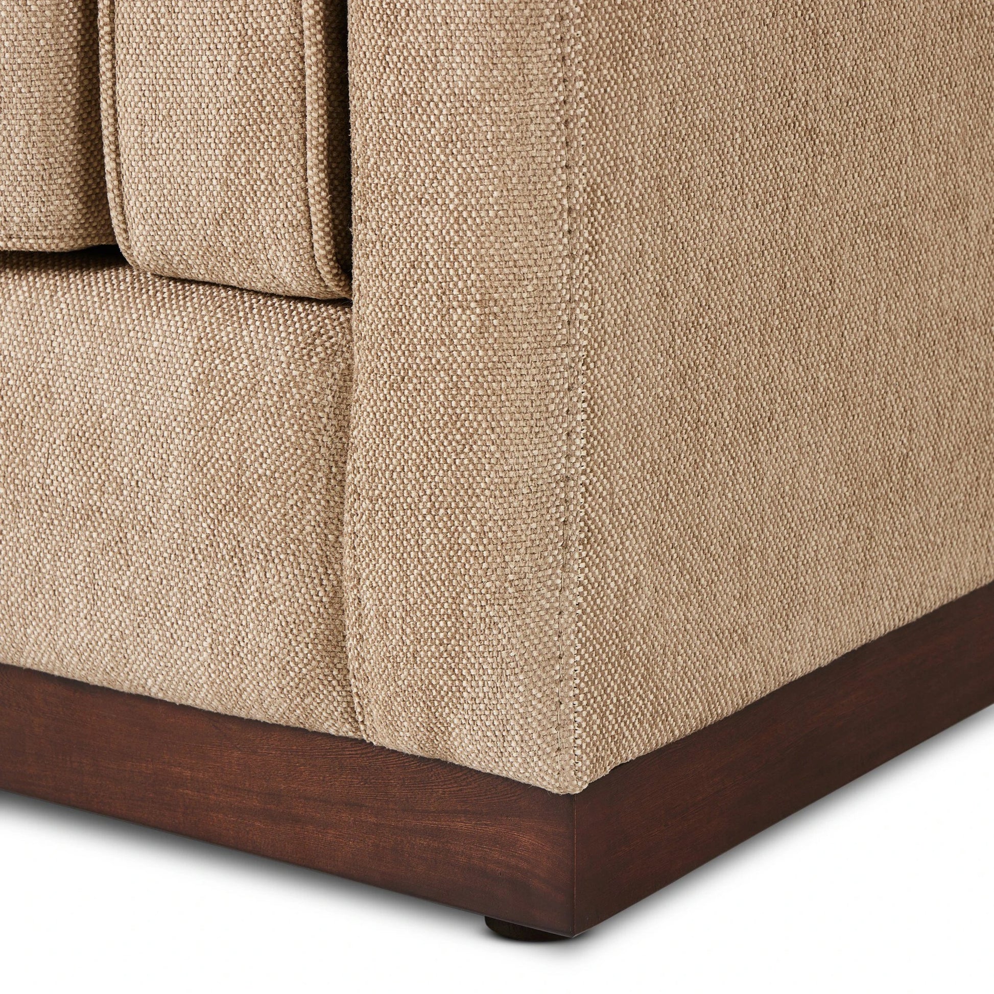 Lawrence Sofa by Four Hands in nova taupe, dark auburn. Made from 100% polyester, solid rosa morada, pine plywood in a transitional style.