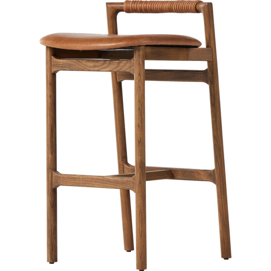 Baden Bar Stool by Four Hands. Made from top grain leather, solid nettlewood, 100% polyester in a modern style.