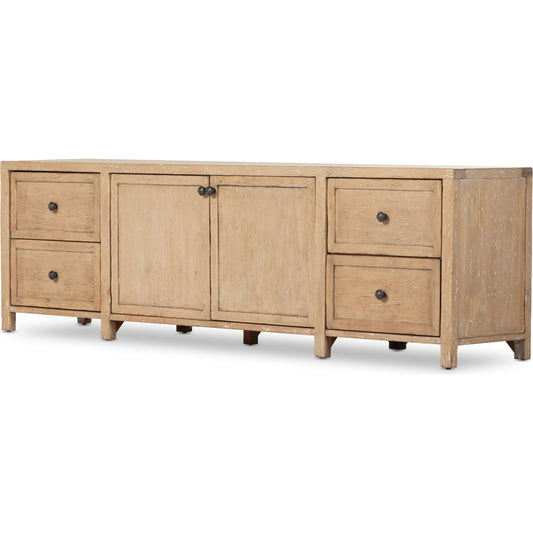 Gaines Media Console by Four Hands in aged light pine. Made from solid pine in a modern style.