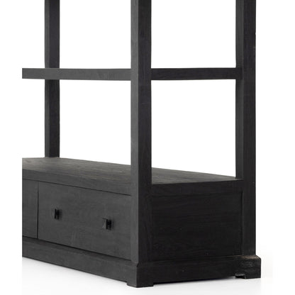 Woodmore Bookcase by Four Hands in dark totem, black iron and dark totem. Made from solid mixed reclaimed wood, iron in a transitional style.