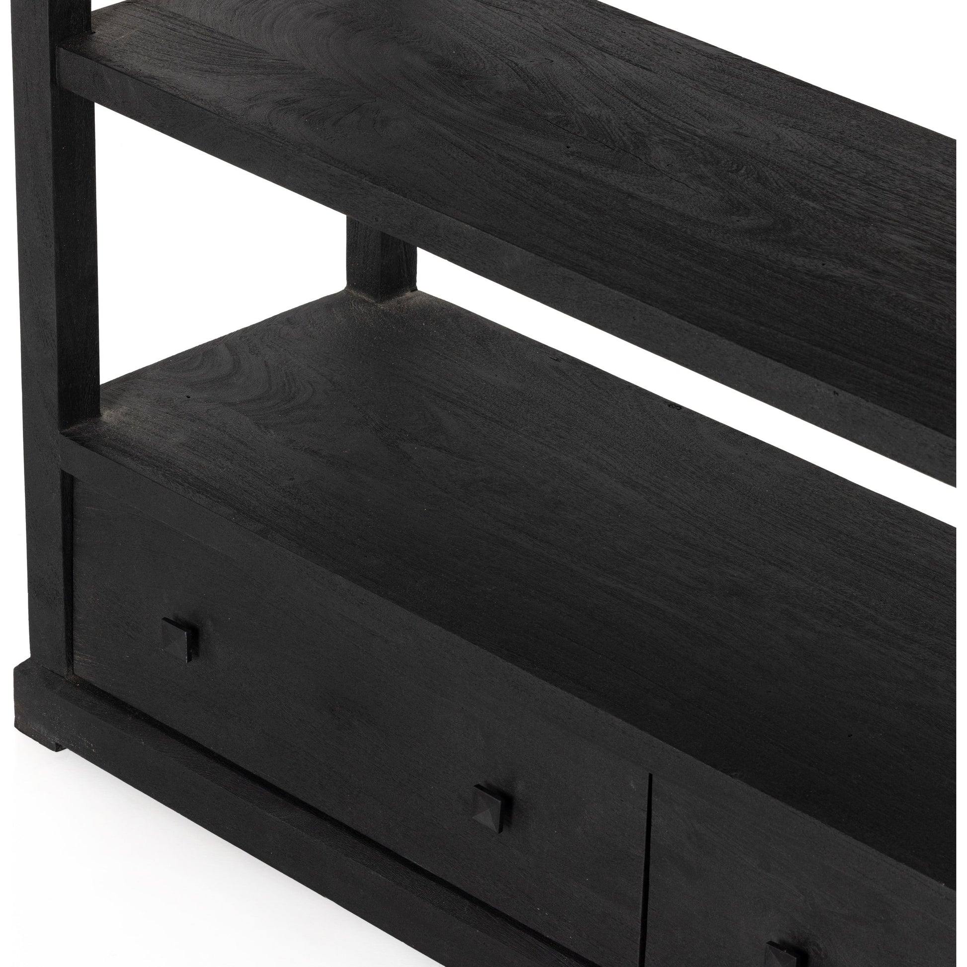Woodmore Bookcase by Four Hands in dark totem, black iron and dark totem. Made from solid mixed reclaimed wood, iron in a transitional style.