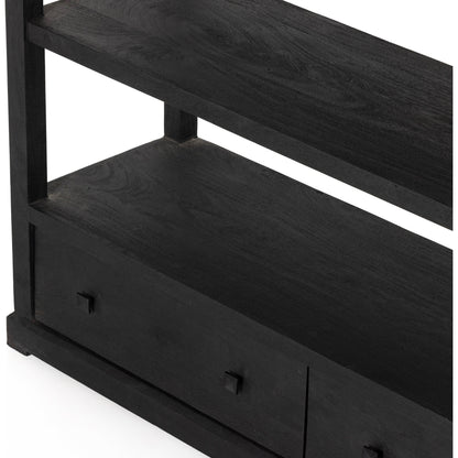 Woodmore Bookcase by Four Hands in dark totem, black iron and dark totem. Made from solid mixed reclaimed wood, iron in a transitional style.
