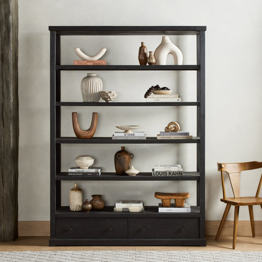 Woodmore Bookcase by Four Hands in dark totem, black iron and dark totem. Made from solid mixed reclaimed wood, iron in a transitional style.