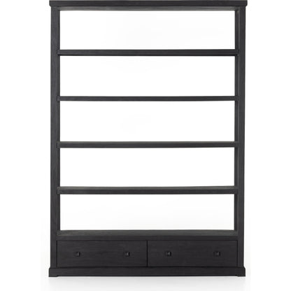 Woodmore Bookcase by Four Hands in dark totem, black iron and dark totem. Made from solid mixed reclaimed wood, iron in a transitional style.