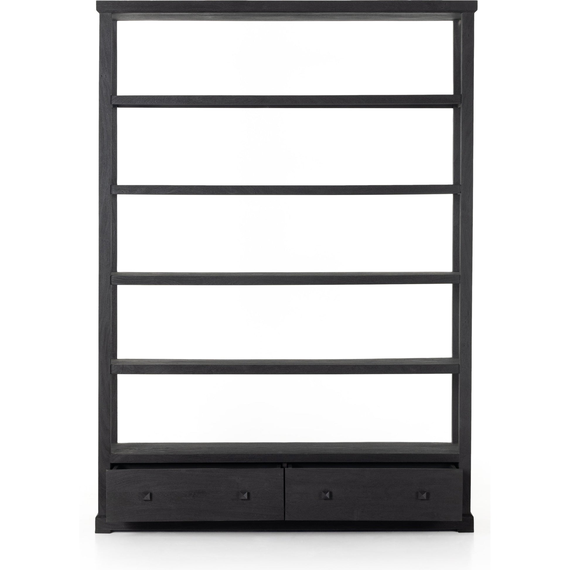Woodmore Bookcase by Four Hands in dark totem, black iron and dark totem. Made from solid mixed reclaimed wood, iron in a transitional style.