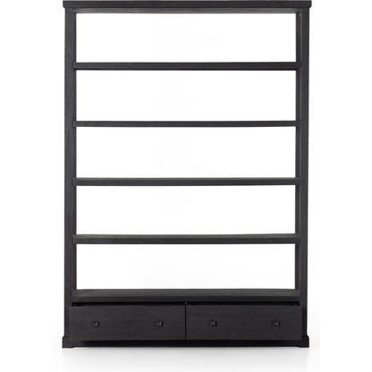 Woodmore Bookcase by Four Hands in dark totem, black iron and dark totem. Made from solid mixed reclaimed wood, iron in a transitional style.
