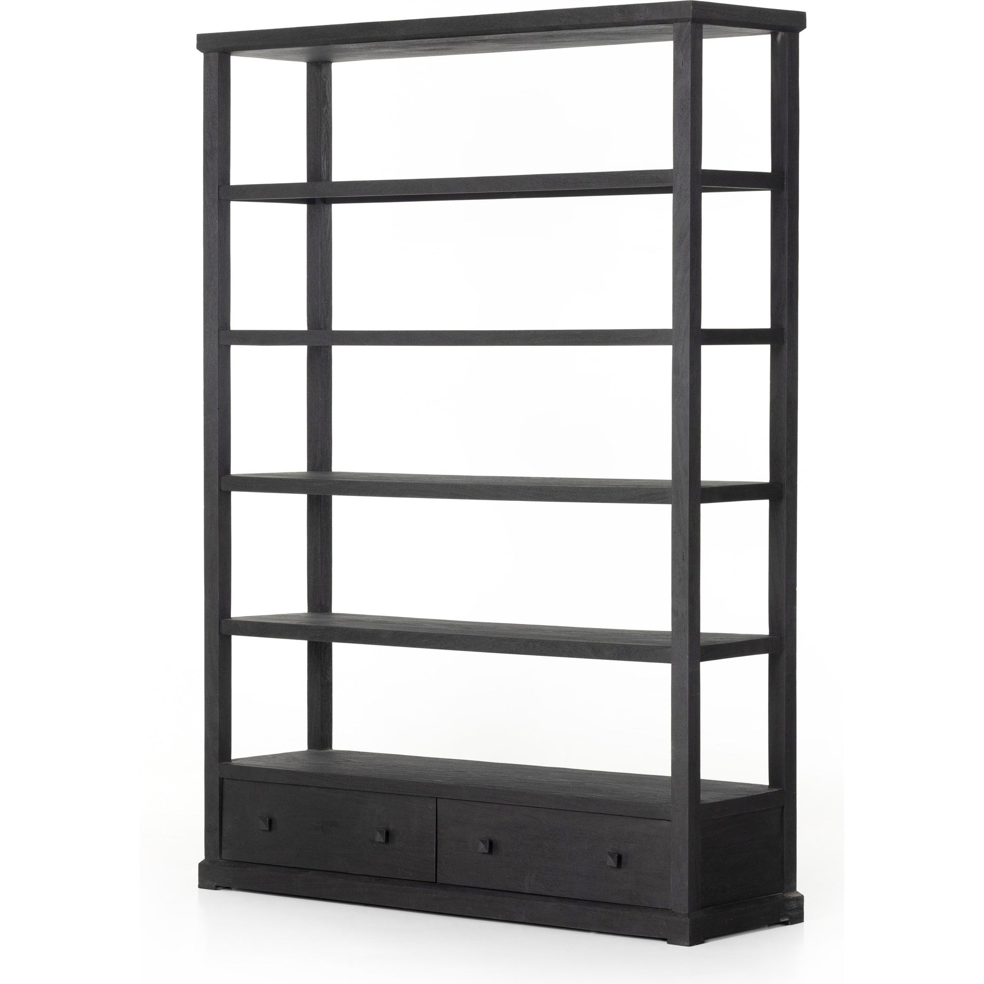 Woodmore Bookcase by Four Hands in dark totem, black iron and dark totem. Made from solid mixed reclaimed wood, iron in a transitional style.