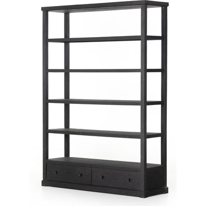 Woodmore Bookcase by Four Hands in dark totem, black iron and dark totem. Made from solid mixed reclaimed wood, iron in a transitional style.