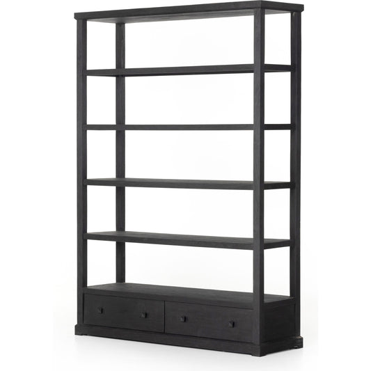 Woodmore Bookcase by Four Hands in dark totem, black iron and dark totem. Made from solid mixed reclaimed wood, iron in a transitional style.