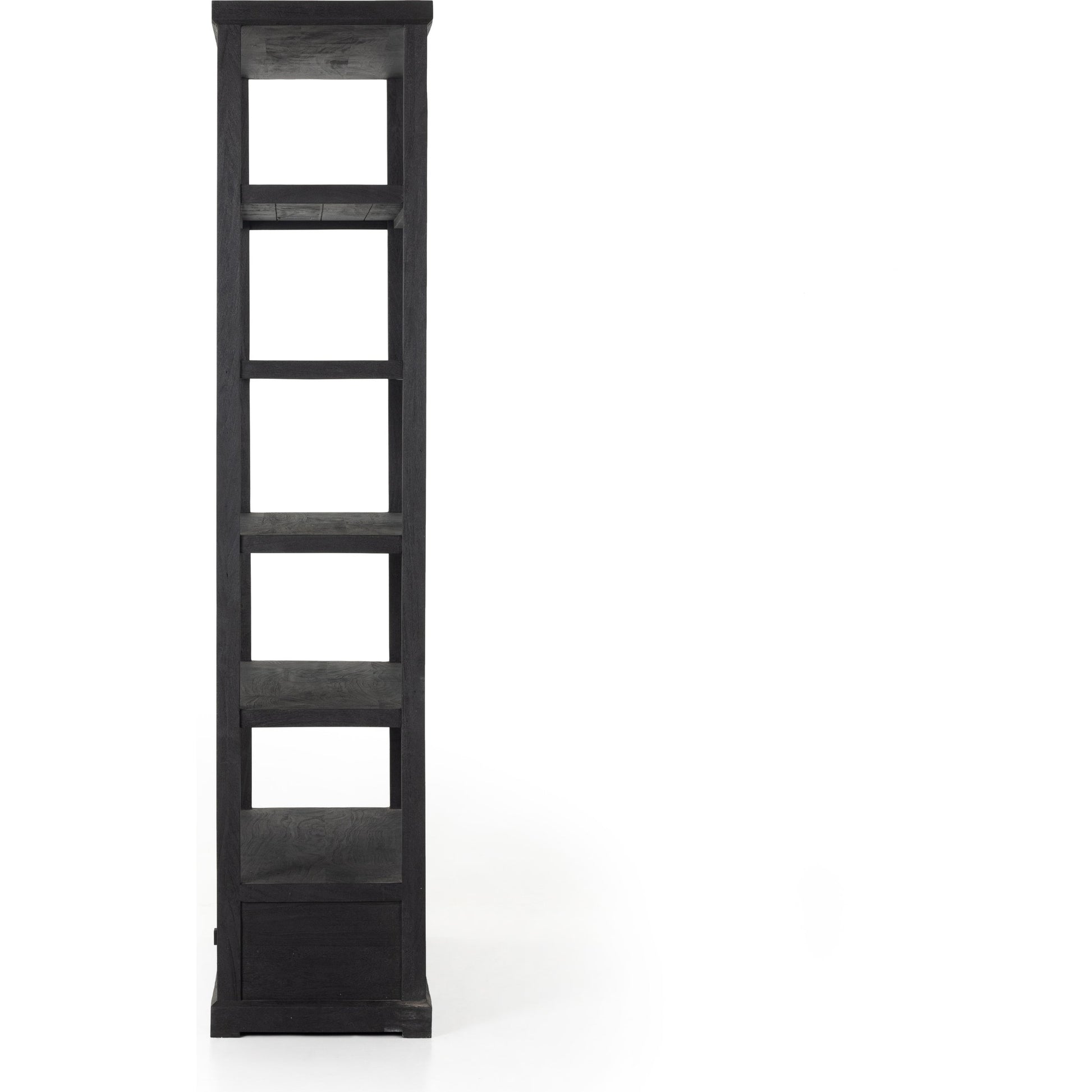 Woodmore Bookcase by Four Hands in dark totem, black iron and dark totem. Made from solid mixed reclaimed wood, iron in a transitional style.