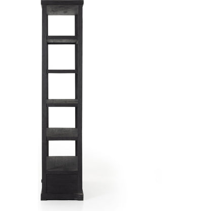 Woodmore Bookcase by Four Hands in dark totem, black iron and dark totem. Made from solid mixed reclaimed wood, iron in a transitional style.