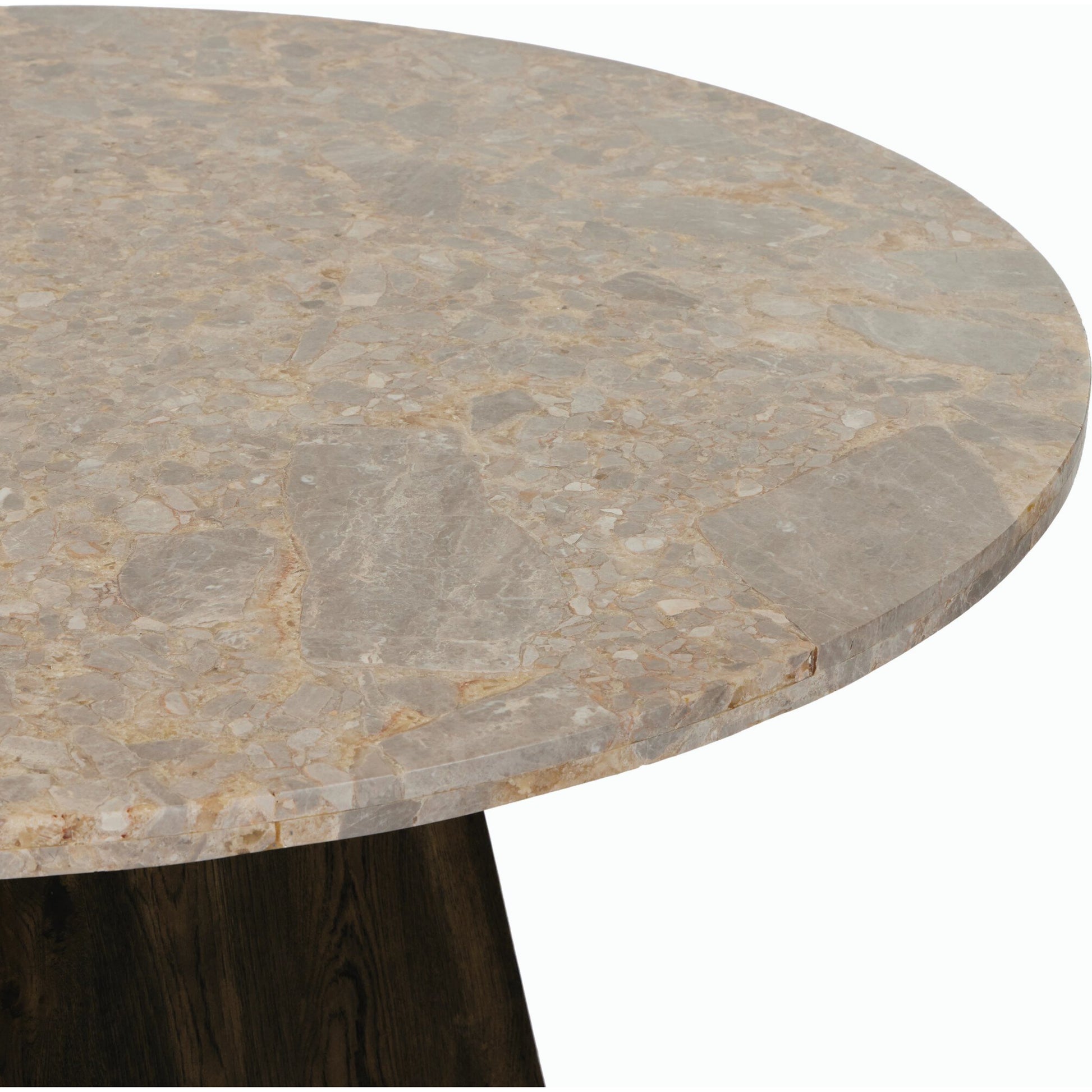 Brisa Round Dining Table by Four Hands in grey tobacco oak, dune onyx. Made from onyx, solid oak, engineered hardwood in a modern style.