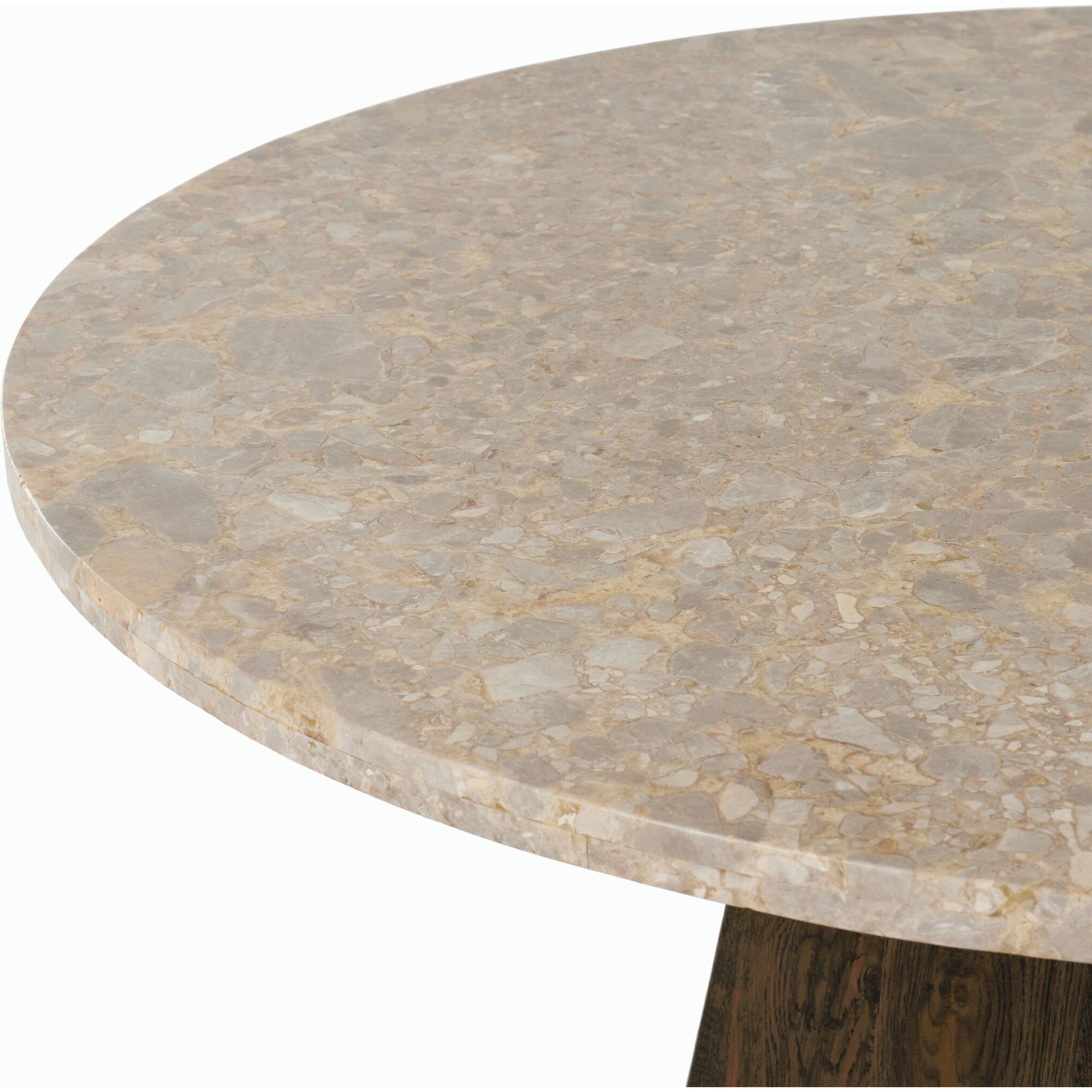 Brisa Round Dining Table by Four Hands in grey tobacco oak, dune onyx. Made from onyx, solid oak, engineered hardwood in a modern style.