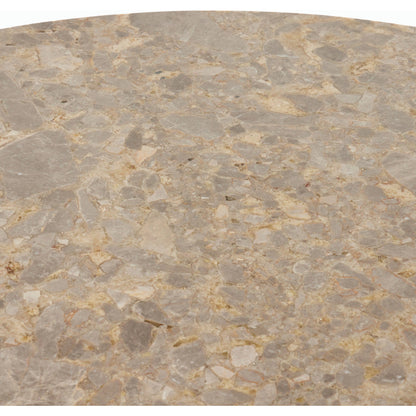 Brisa Round Dining Table by Four Hands in grey tobacco oak, dune onyx. Made from onyx, solid oak, engineered hardwood in a modern style.