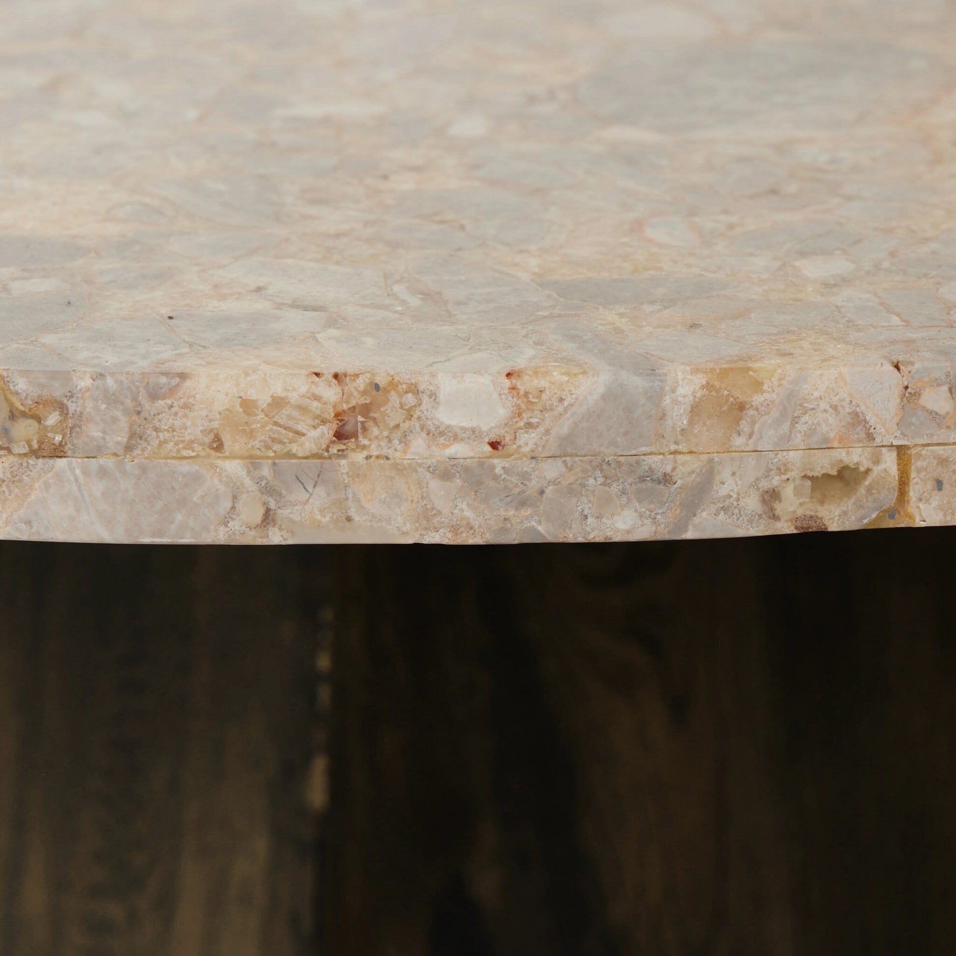 Brisa Round Dining Table by Four Hands in grey tobacco oak, dune onyx. Made from onyx, solid oak, engineered hardwood in a modern style.