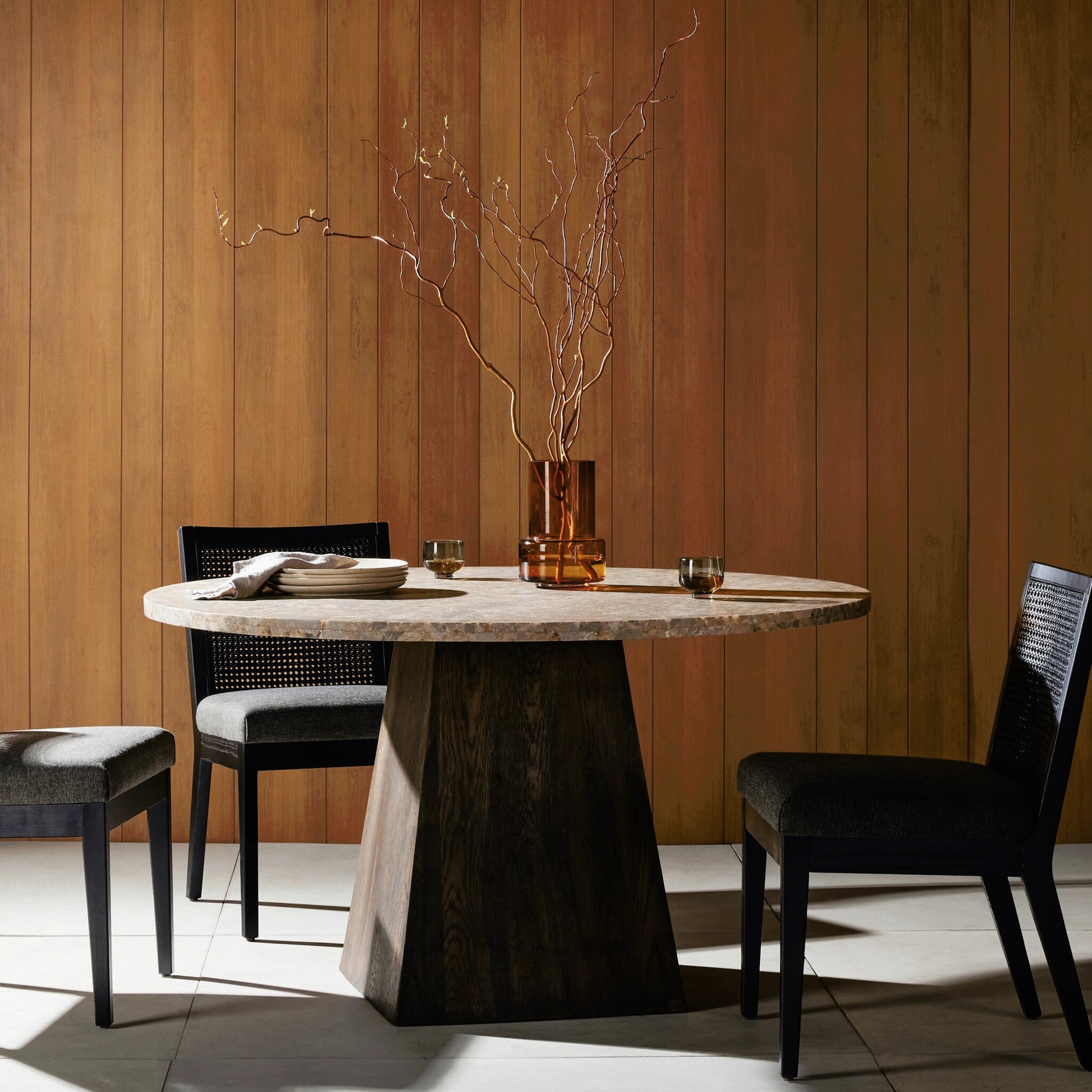 Brisa Round Dining Table by Four Hands in grey tobacco oak, dune onyx. Made from onyx, solid oak, engineered hardwood in a modern style.