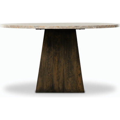 Brisa Round Dining Table by Four Hands in grey tobacco oak, dune onyx. Made from onyx, solid oak, engineered hardwood in a modern style.