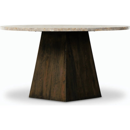 Brisa Round Dining Table by Four Hands in grey tobacco oak, dune onyx. Made from onyx, solid oak, engineered hardwood in a modern style.