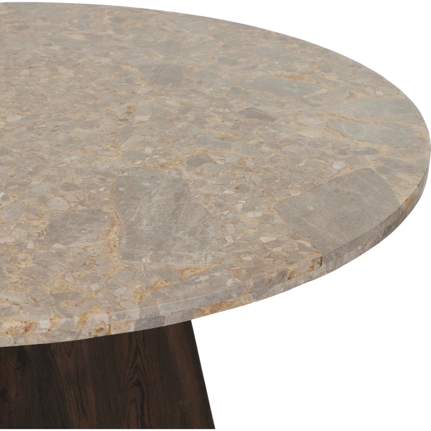003 SI-2001030 | Closeup | Brisa Round Dining Table by Four Hands in grey tobacco oak, dune onyx. Made from onyx, solid oak, engineered hardwood in a modern style.