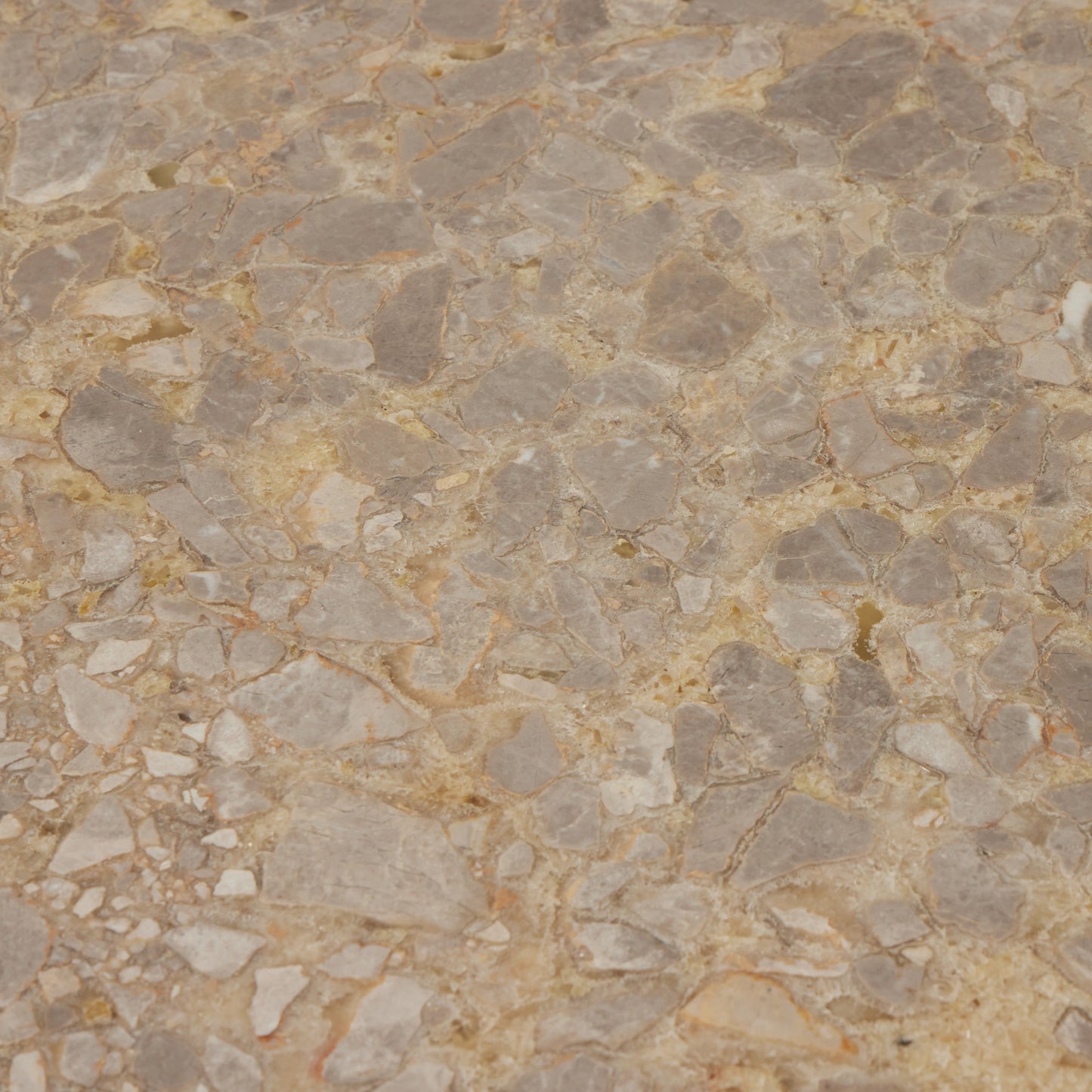 004 SI-2001030 | Closeup | Brisa Round Dining Table by Four Hands in grey tobacco oak, dune onyx. Made from onyx, solid oak, engineered hardwood in a modern style.