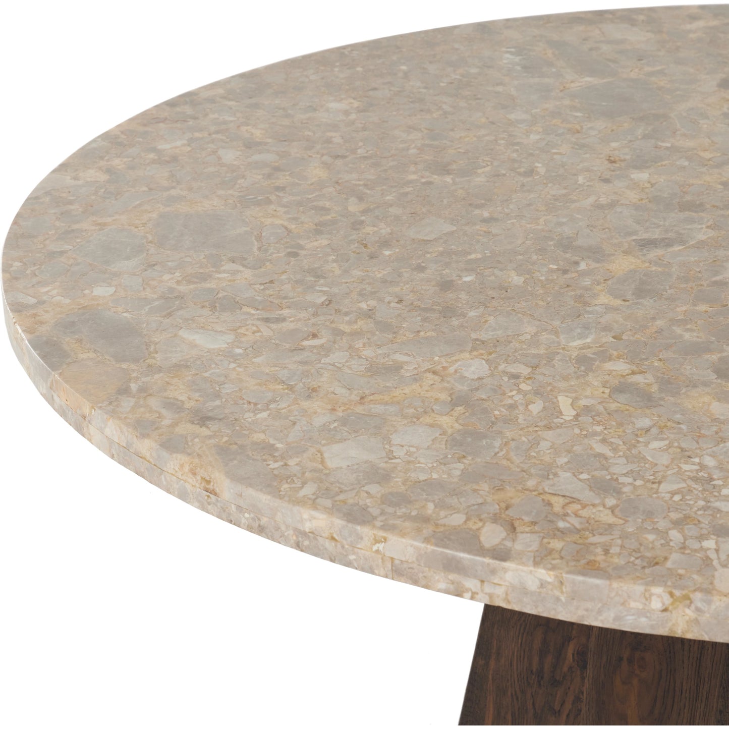 006 SI-2001030 | Closeup | Brisa Round Dining Table by Four Hands in grey tobacco oak, dune onyx. Made from onyx, solid oak, engineered hardwood in a modern style.