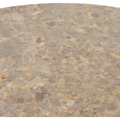 Brisa Round Dining Table by Four Hands in grey tobacco oak, dune onyx. Made from onyx, solid oak, engineered hardwood in a modern style.