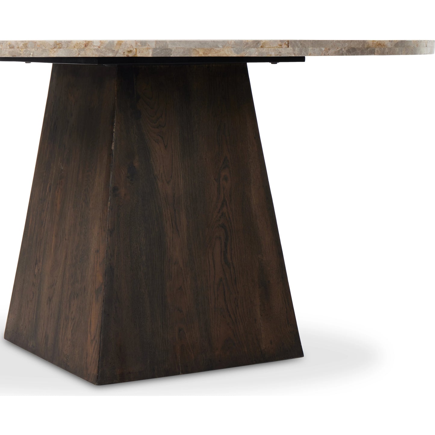 008 SI-2001030 | Closeup | Brisa Round Dining Table by Four Hands in grey tobacco oak, dune onyx. Made from onyx, solid oak, engineered hardwood in a modern style.