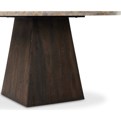 Brisa Round Dining Table by Four Hands in grey tobacco oak, dune onyx. Made from onyx, solid oak, engineered hardwood in a modern style.
