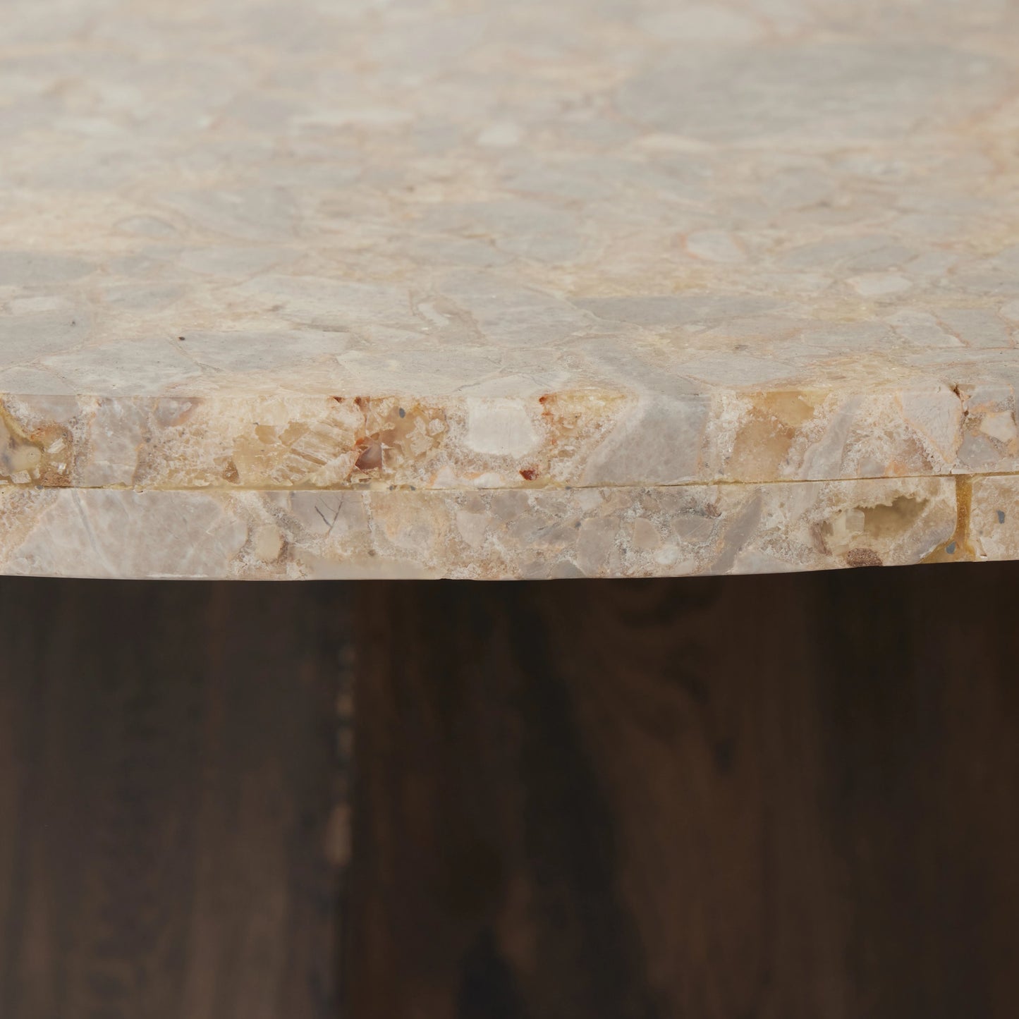 010 SI-2001030 | Closeup | Brisa Round Dining Table by Four Hands in grey tobacco oak, dune onyx. Made from onyx, solid oak, engineered hardwood in a modern style.