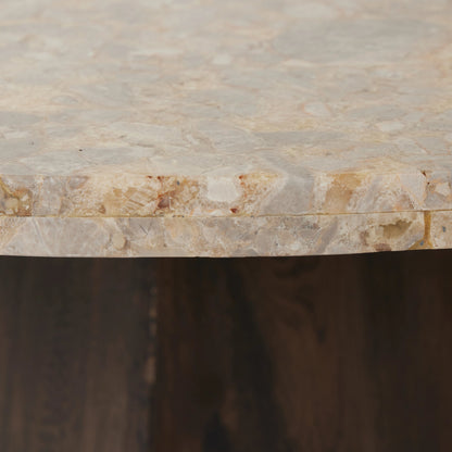 Brisa Round Dining Table by Four Hands in grey tobacco oak, dune onyx. Made from onyx, solid oak, engineered hardwood in a modern style.