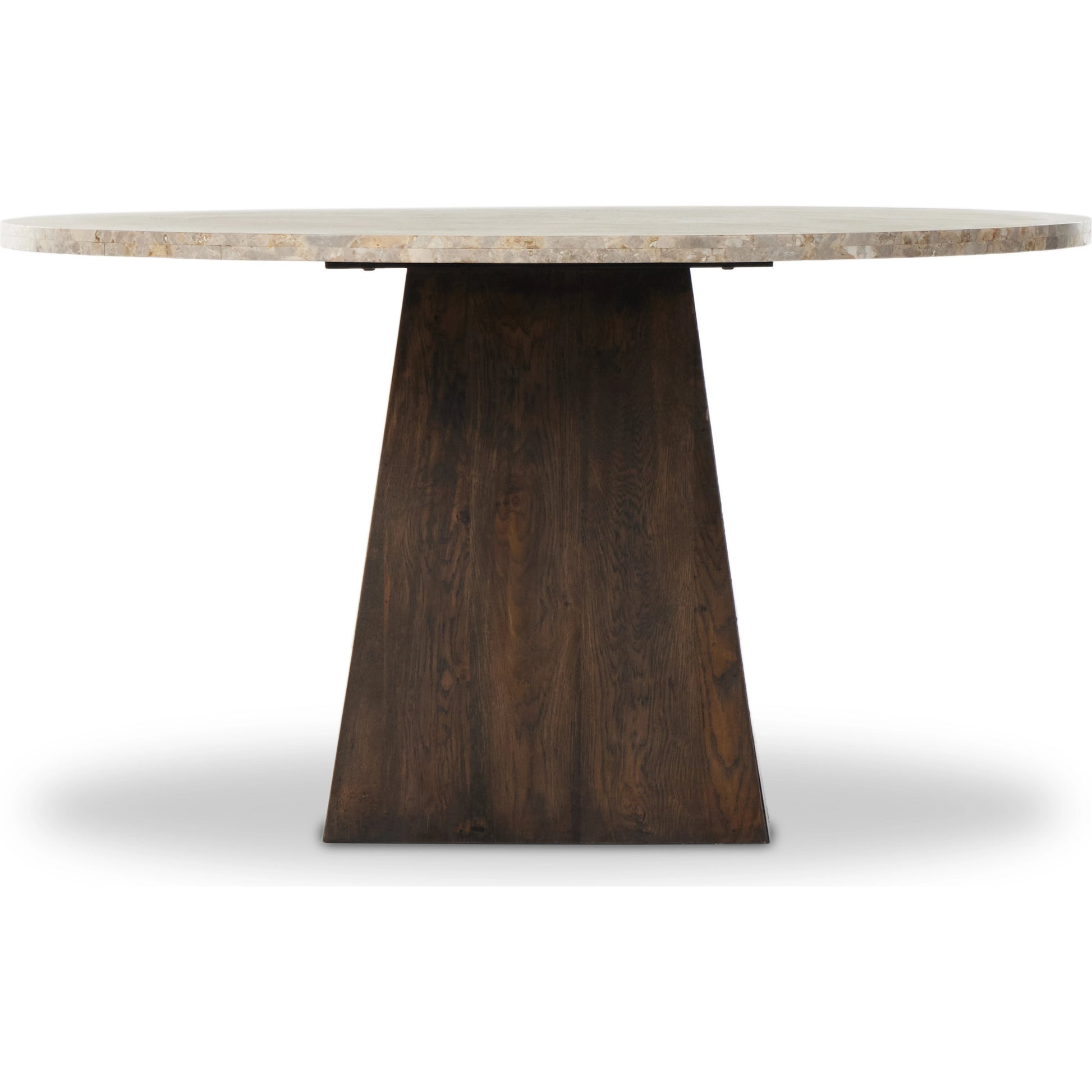 Brisa Round Dining Table by Four Hands in grey tobacco oak, dune onyx. Made from onyx, solid oak, engineered hardwood in a modern style.